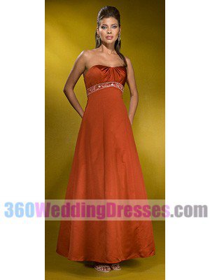 A-Line Strapless Natural Waist Long Satin Orange Bridesmaid Dresses
