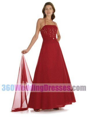 A-Line Halter Natural Waist Spaghetti Straps Long Chiffon Bridesmaid Dresses