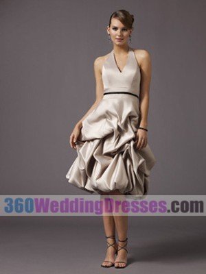 A-Line Halter Empire Waist Tea Length Satin Modern Bridesmaid Dresses