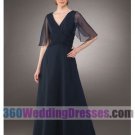 A-Line V-Neck Natural Waist 3/4 Length Sleeves Long Chiffon Blue Prom Dresses