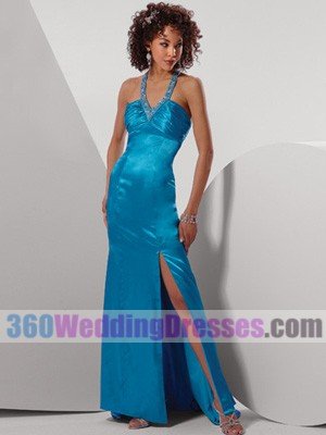Halter Empire Waist Satin Blue Prom Dresses