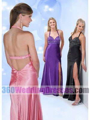 Sheath Halter Empire Waist Tank Long Satin Purple Prom Dresses