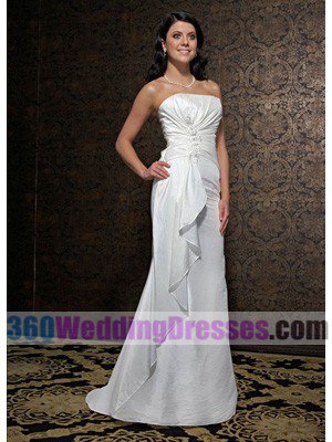 A-Line Strapless Natural Waist Long Ruched Taffeta Cheap Wedding Dresses