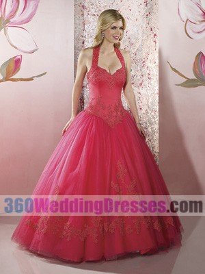 Princess/Ball Gown Halter Basque Waist Tank Long Satin Quinceanera Dresses