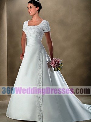 A-Line Scoop Dropped Waist Cap Sleeves Satin Modest Wedding Dresses