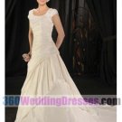 A-Line Jewel No Waist/Princess Seams Cap Sleeves Long Pleated Satin Modest Wedding Dresses