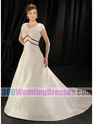 A-Line V-Neck Empire Waist Cap Sleeves Long Satin Modest Wedding Dresses