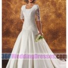 A-Line Jewel Dropped Waist 3/4 Length Sleeves Long Taffeta Modest Wedding Dresses