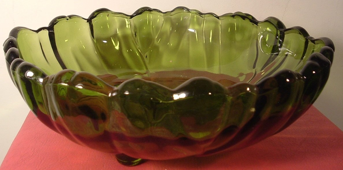 VINTAGE FLINT GREEN GLASS FOOTED FRUIT VASE