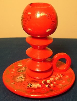 UNIQUE WOOD HANDCARVED AND HANDPAINTED RED CANDLEHOLDER RUSSIA