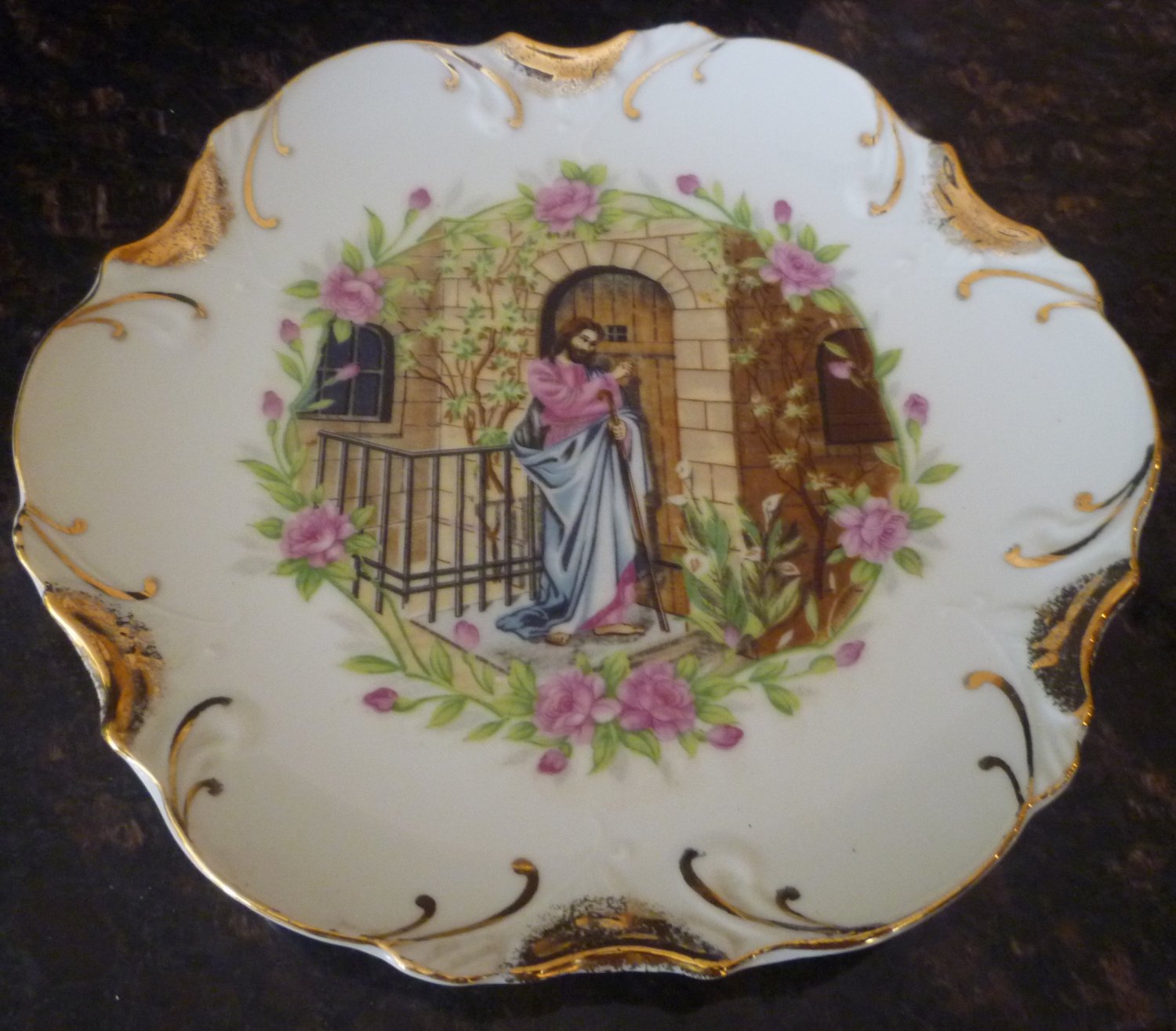 VINTAGE DECORATIVE RELIGIOS PLATE JESUS MADE IN JAPAN 18K GOLD
