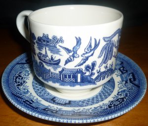 CHURCHILL SMALL CUP & SAUCER SET BLUE WILLOW ENGLAND BLUEWARE