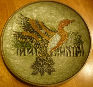 VINTAGE BRASS ENAMEL PLATE WITH  FLYING DUCK BY PENCO INDUSTRIES