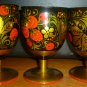 VINTAGE RUSSIAN HOHLOMA WOOD CARVED WINE WATER FOOTED GOBLET SET OF 3