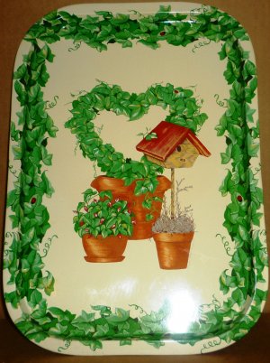 BEAUTIFUL PAINTED TIN TRAY FOR GARDENING LOVER WITH GRAPE VINE