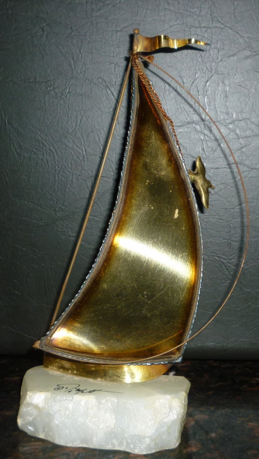 STUNNING COPPER FIGURINE ON MARBLE SAILBOAT MOTT SIGNED