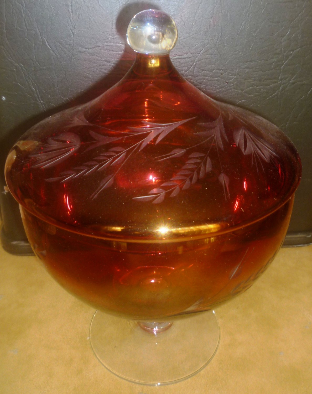 VINTAGE BOHEMIAN RED ETCHED GLASS FOOTED LIDDED COMPOTE