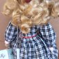 BEAUTIFUL BISQUE PORCELAIN ADELCO DOLL 14' W/STAND CHECKERED OUTFIT