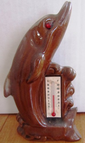VINTAGE CHARMING GLAZED CERAMIC DOLPHIN FIGURINE THERMOMETER JAPAN