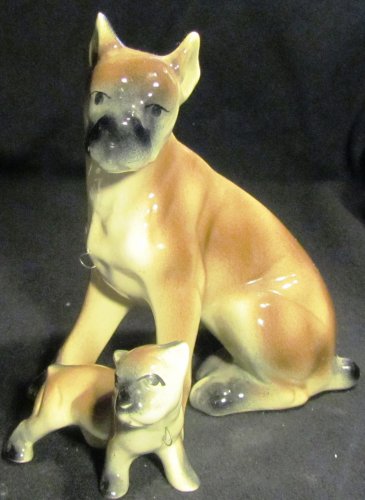 CHARMING PORCELAIN BOXER DOG & PUPPY SET OF 2 FIGURINES