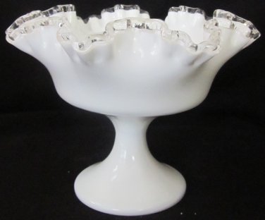 GORGEOUS FENTON SILVERCREST WHITE TO CLEAR GLASS PEDESTAL RUFFLED EDGE BOWL VASE