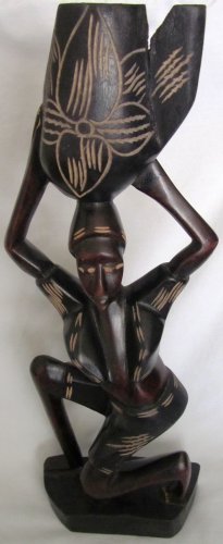 FOLK ART DOMINICAL REPUBLIC CARVED WOOD SCULPTURE FIGURINE WOMAN CARRIES LOTUS