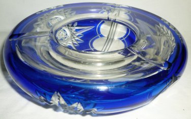AJKA VINTAGE CZECH BOHEMIAN CUT BLUE TO CLEAR CRYSTAL ASHTRAY STARS PATTERN