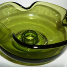 VINTAGE AVOCADO GREEN GLASS CANDLE HOLDER CURVED EDGE BOWL