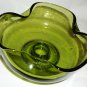 VINTAGE AVOCADO GREEN GLASS CANDLE HOLDER CURVED EDGE BOWL