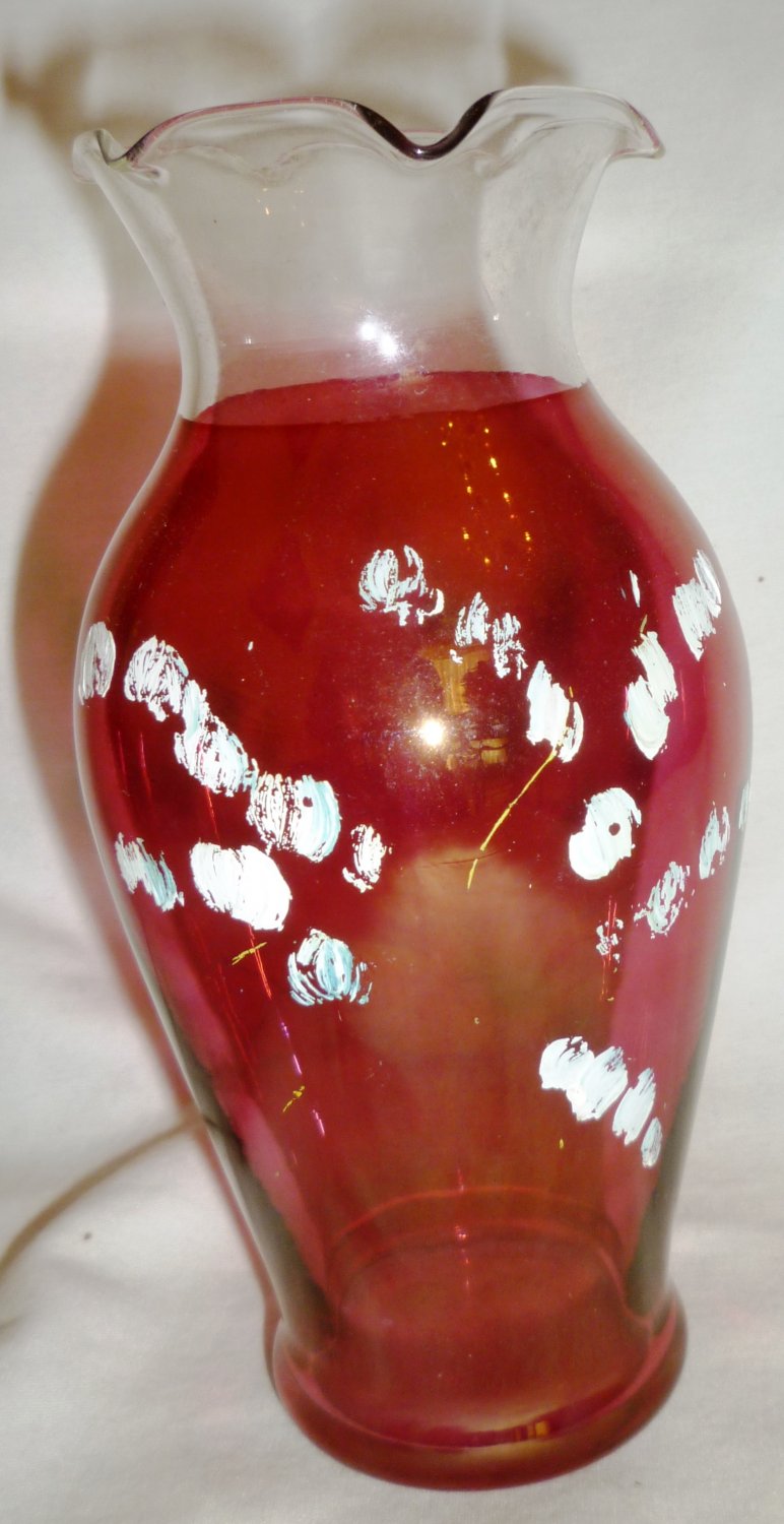 Vintage Fenton Ruffled Clear Edge Cranberry Glass Vase Painted Flowers