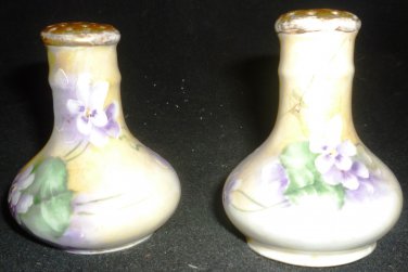 ANTIQUE PORCELAIN HANDPAINTED VIOLETS DAISIES SIGNED SALT & PEPPER AUSTRIA