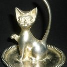SILVERPLATED CAT IN SAUCER RING JEWELRY VANITY HOLDER