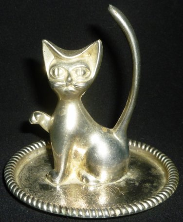 SILVERPLATED CAT IN SAUCER RING JEWELRY VANITY HOLDER