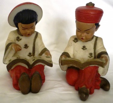 ANTIQUE HANDPAINTED STONE CARVING CHINESE READING GIRL & BOY FIGURINE BOOKENDS