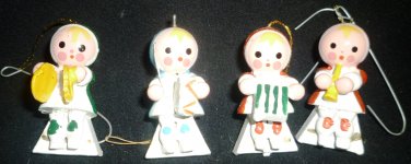 VINTAGE TRIM A TREE HANDPAINTED WOODEN CHRISTMAS 4 ORNAMENTS MUSICAL KIDS