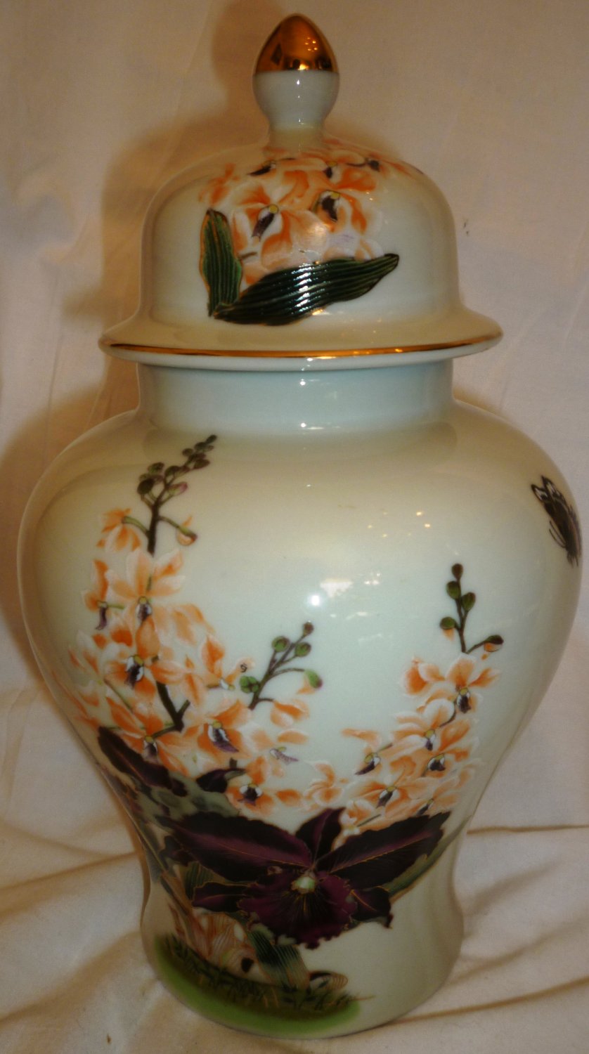 Handpainted Ceramic Lidded Ginger Jar Urn Vase By Toyo Japan Black 