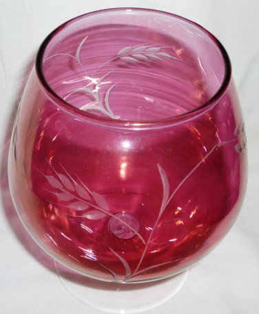 VINTAGE CRANBERRY PINK GLASS ETCHED WHEAT COGNAC BRANDY BALL SNIFFER