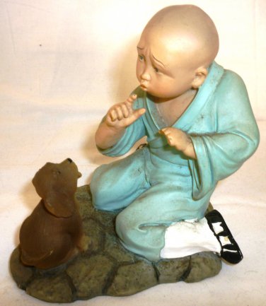 CHARMING FIGURINE ASIAN CHINESE BOY WITH THE DOG