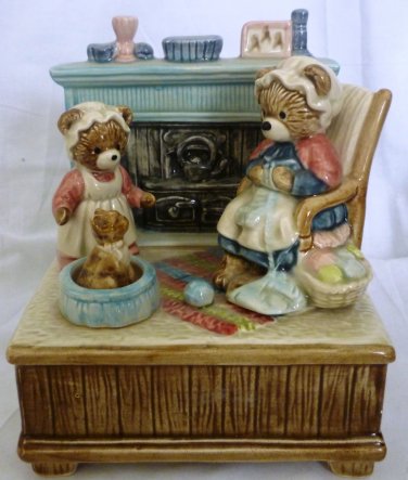 CHARMING OTAGIRI MECHANICAL MUSIC BOX CARAMIC BEARS 'HOME SWEET HOME' JAPAN