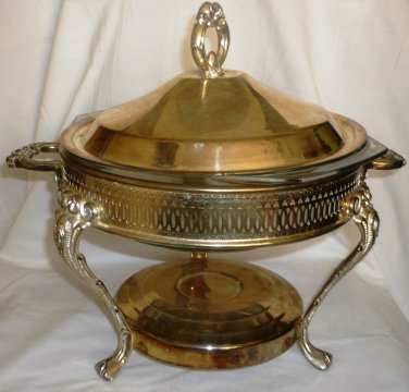 VINTAGE SILVERPLATED ROUND CHAFING LIDDED DISH W/ GLASS LINER PERFORATED DESIGN