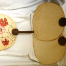 JAPANESE ANTIQUE HAND HELD NOT FOLDABLE FANS SET OF 3 FLOWER APPLIQUE