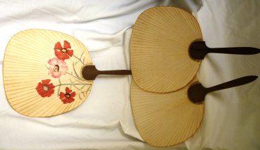 JAPANESE ANTIQUE HAND HELD NOT FOLDABLE FANS SET OF 3 FLOWER APPLIQUE