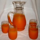 VINTAGE RETRO JUICE SET ORANGE FROSTED GLASS PITCHER & 4 TUMBLERS GLASSES 4 OZ