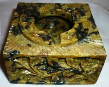 VINTAGE CARVED STONE YELLOW GRANITE ASHTRAY NUMBERED