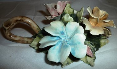VINTAGE HANDPAINTED CERAMIC FLOWERS CANDLE HOLDER VISCONTI NAPOLEON CAPODIMONTE