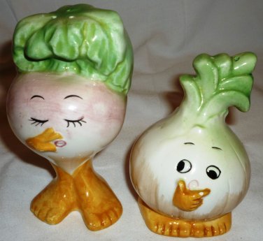 HANDPAINTED PORCELAIN FIGURAL ONION AND RADISH SALT & PEPPER SHAKERS SET