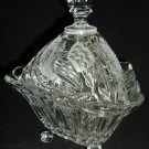 VINTAGE CUT & ETCHED BIRDS CLEAR CRYSTAL GLASS TRIANGLE LIDDED FOOTED CANDY DISH