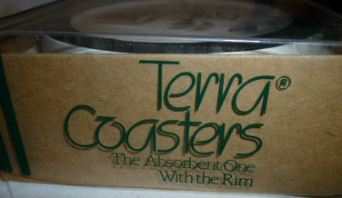 TERRA COASTERS ABSORBENT WITH RIM GOLF DESIGN MADE IN USA NEW BOX CORK LINED
