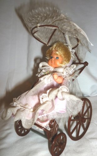 CHARMING VINTAGE ROSEBUD 4" MATELL DOLL IN A CARRIAGE STROLLER