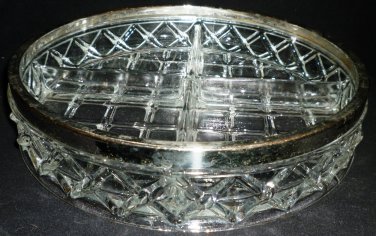 VINTAGE CUT CLEAR LEAD CRYSTAL GLASS DIVIDED DISH SILVERPLATE TRIM BOWL ENGLAND